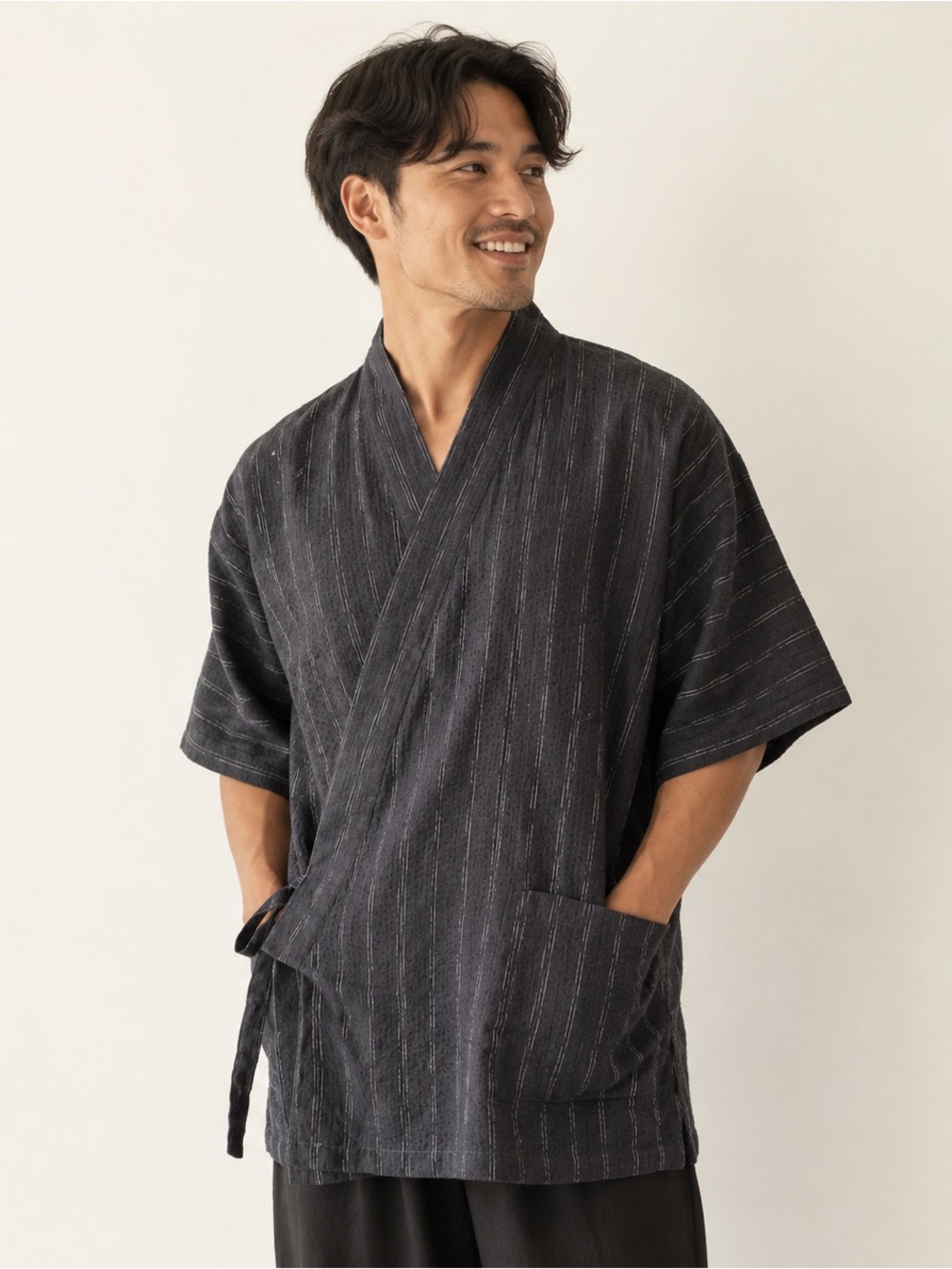 Terakoya Cotton Kimono Top Black White Stripe NWT Large